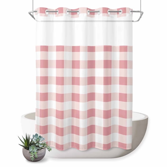 No Hook Shower Curtain with Built-in Rings - Farmhouse Vintage Washable Waterproof Fabric Bathroom Curtains for Hotel,Rentals, 60 X 72 Inch Long , Gingham Checkered Texture Pink