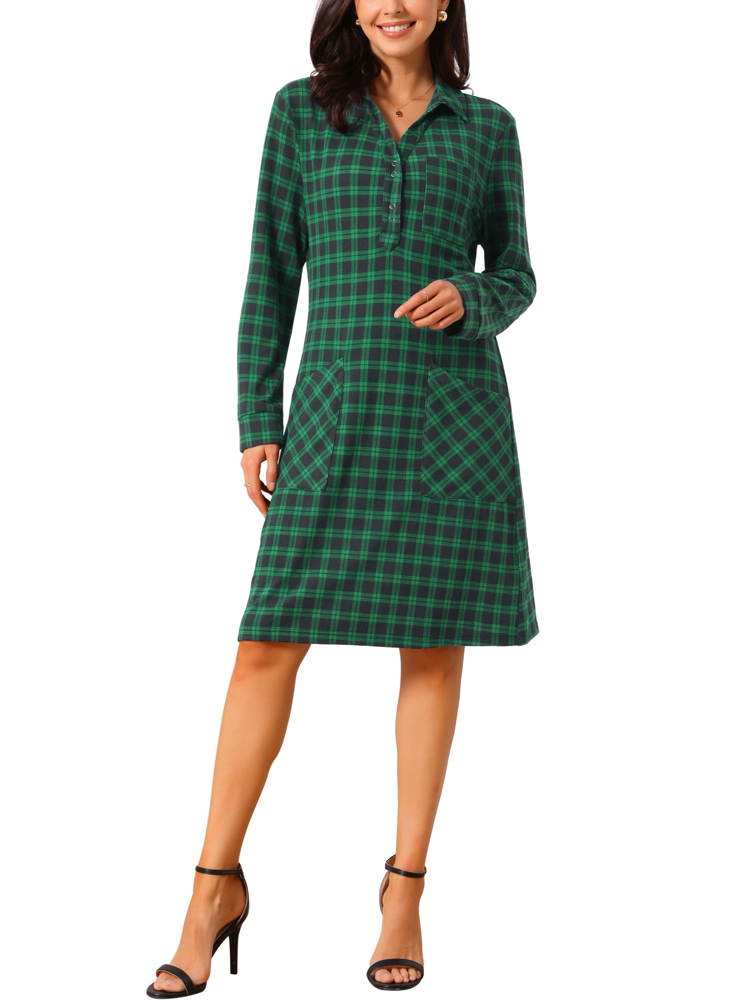 DARING DIVA Women's Vintage Plaid Long Sleeve Casual Knee Length Dress S Dark Green