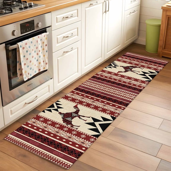 2x6 Kitchen Runner Rug, Red Beige Boho Non-Skid Rubber Backing Large Rectangle Rugs - Living Room Bedroom Home Office, Vintage Abstract Art Ethnic Tribe Indoor Floor Mat Carpets Washable Rug