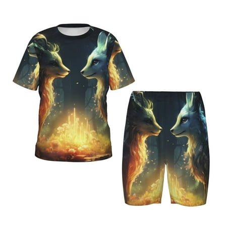 Luyuia Firefly Forest Fox Print Girls  2-Piece Tie-Dye Pajama Set  Cute Summer Loungewear with Shirt and Tank Shorts Nightwear-4X-Large