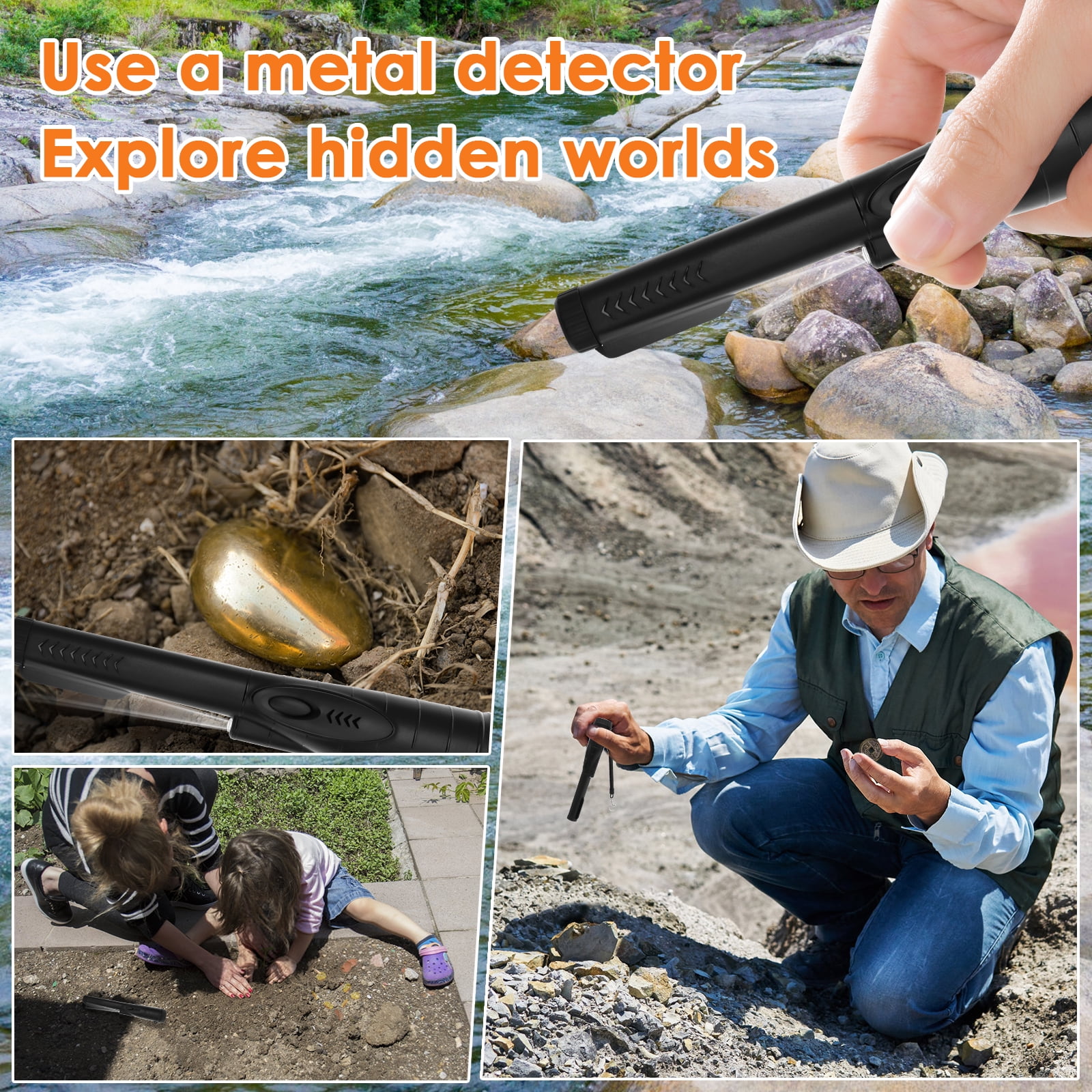 Grusce Waterproof Metal Detector with Hanging Storage Bag 360° Detection Handheld Pin Pointer Wand for Outdoor Beach Treasure