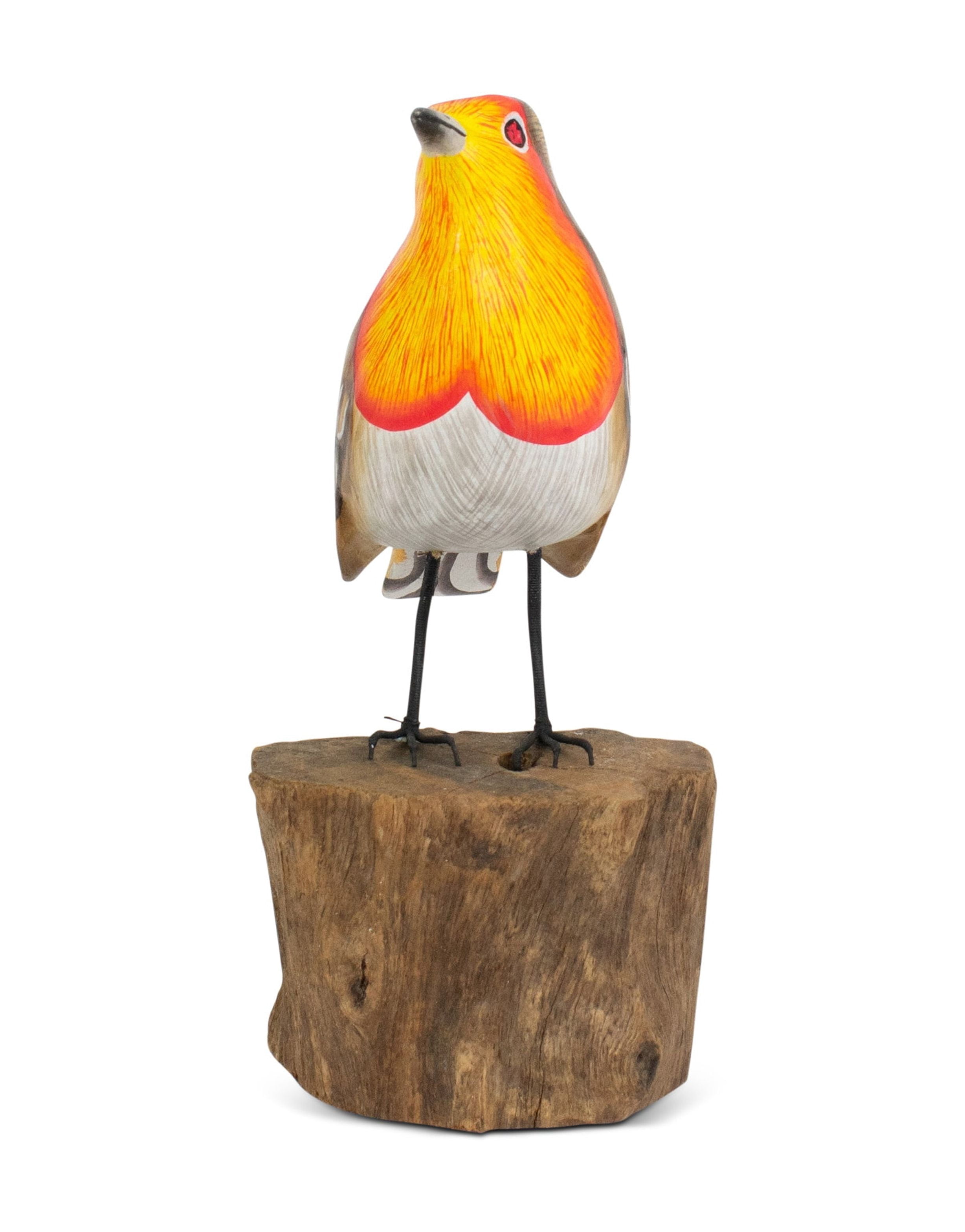 Wood European Robin Figurine – Hand Carved Songbird Sculpture, Rustic Bird Decor on Driftwood Base