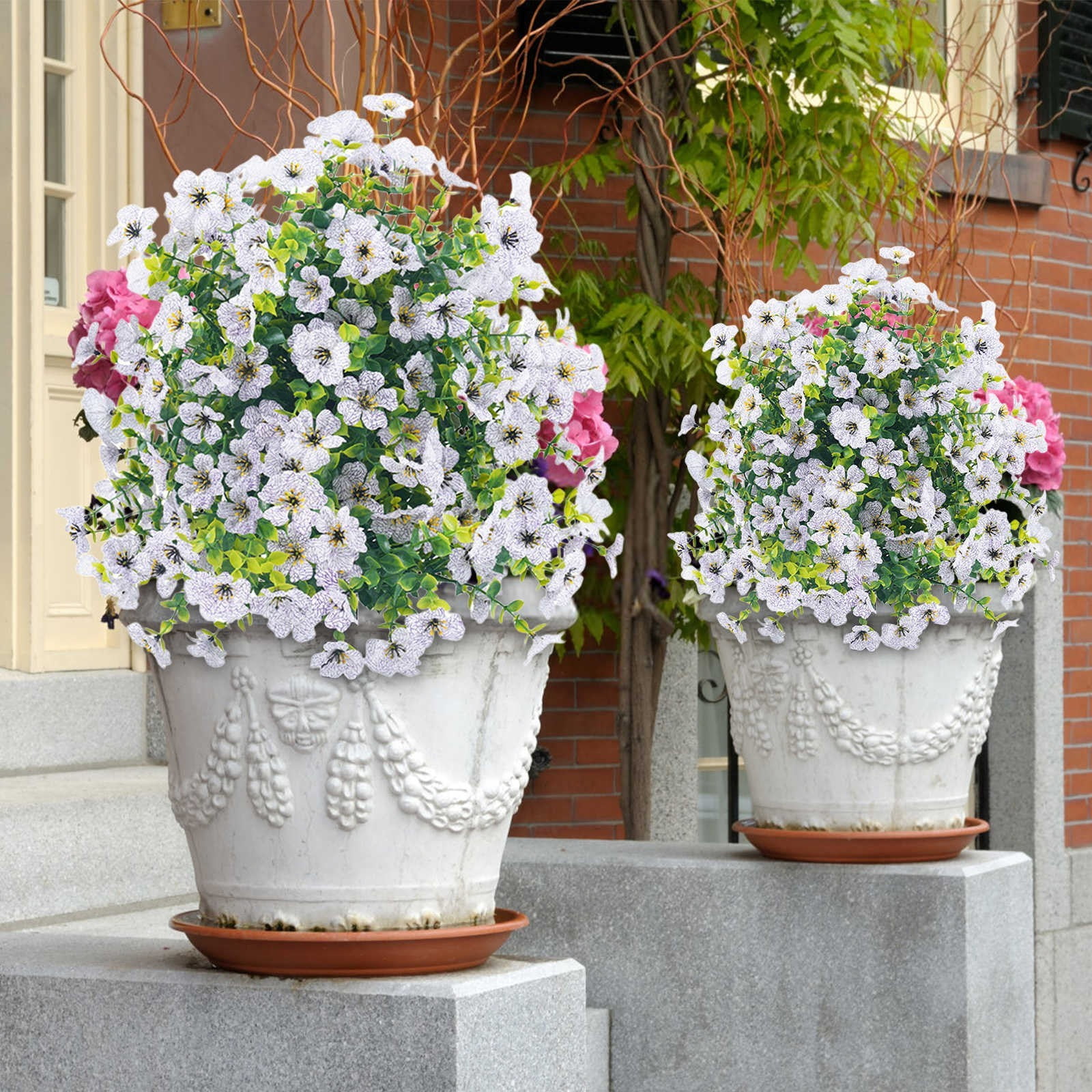 Bcylexb 23.6" 2-Pack Artificial Violet Flowers with Ground Spikes and Garden Stake, Faux Shrubs as Garden Accessories, Fake Plants for Outdoor Porch Patio Wedding Party, Pink