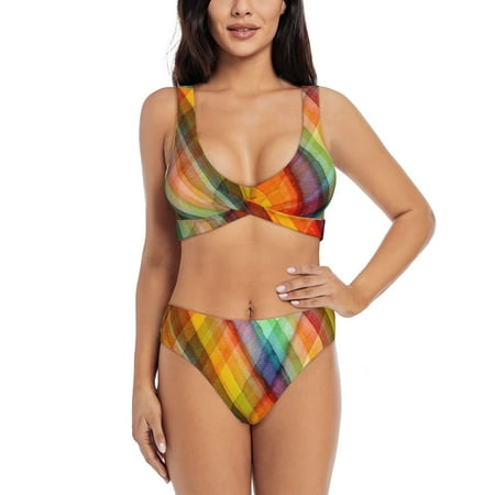 Zeuib Abstract Watercolors Tartan High Waisted Tummy Control Bikini Set - Knot Front Push Up Top & Cheeky Thong Bottom  Two-Piece Swimsuit for Women-Small