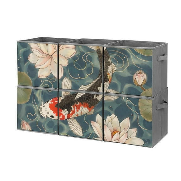 Collapsible Oxford Fabric Storage Cubes with Handles, Large Mid Foldable Oxford Cloth Bins Set of 2/6, Closet Organizers for Shelves Clothes Home Kitchen Toy - Koi Fish Vintage Lotus