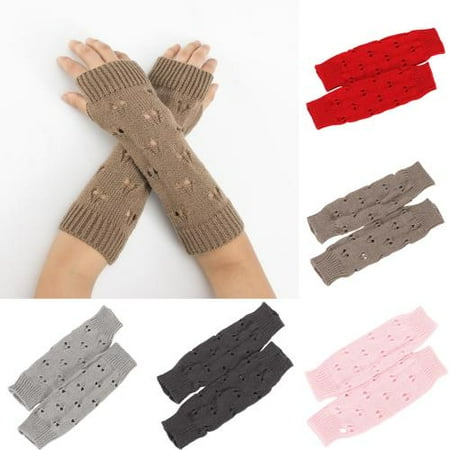 

SPRING PARK 2 Pairs Hollow Heart Half Finger Flat Crochet Gloves for Women Winter Knitted Stretch Fingerless Keep Warm Mitten Gloves