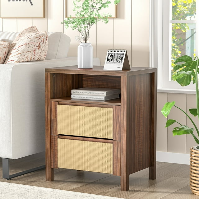 Eumyviv Woven Nightstand with Rattan Drawer, Boho Night Stand for Bedroom, 1-Drawer Wooden End Table with Open Shelf, Natural for Living Room, Small Spaces H0192