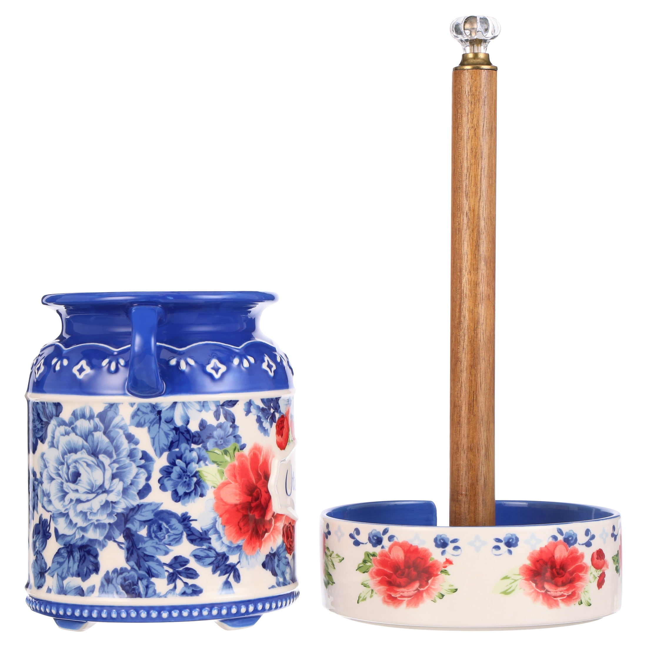 The Pioneer Woman Floral Stoneware Paper Towel Holder and Utensil Holder Combo, 2 Pieces