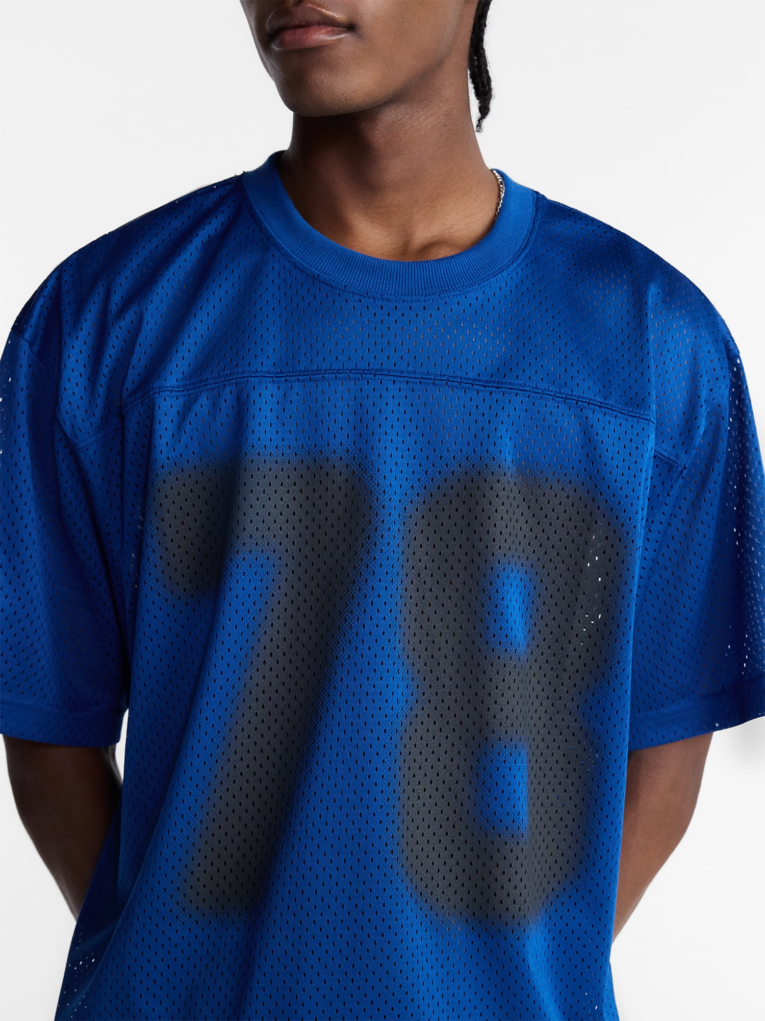 No Boundaries Graphic Boxy Fit Mesh Jersey Style Shirt, Men's XS
