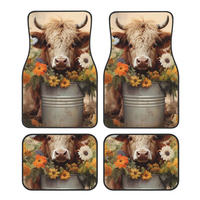 Lsque Tapis de Sol 4 Pcs Imprimé Fleur de Vache, Doublures en Caoutchouc Résistantes, Design Antidérapant, Protection Automobile Toutes Saisons, Véhicules, Voitures, Camions et SUV
