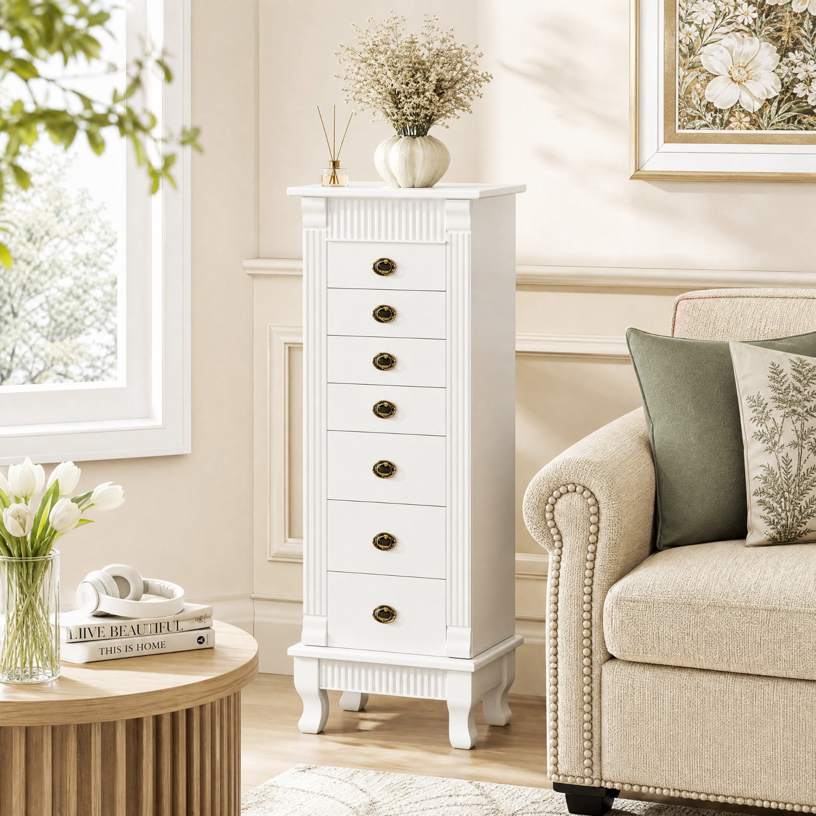 Furnibear Wooden Jewelry Armoire Cabinet Storage Chest with Drawers and Swing Doors for Bedroom Dressing Room Jewelry Necklace Rings Storage, White