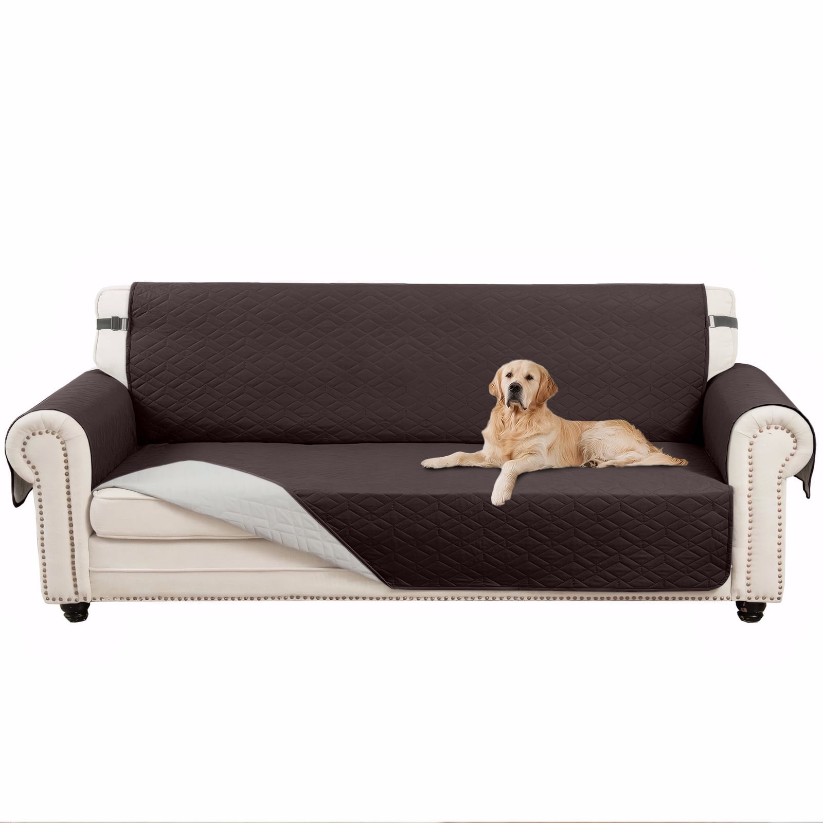SANMADROLA Reversible Sofa Cover Couch Cover for 3 Cushion Couch Sofa Water Resistant Couch Cover Furniture Protector with Elastic Straps for Kids, Dogs, Pets (66" Sofa, Chocolate)