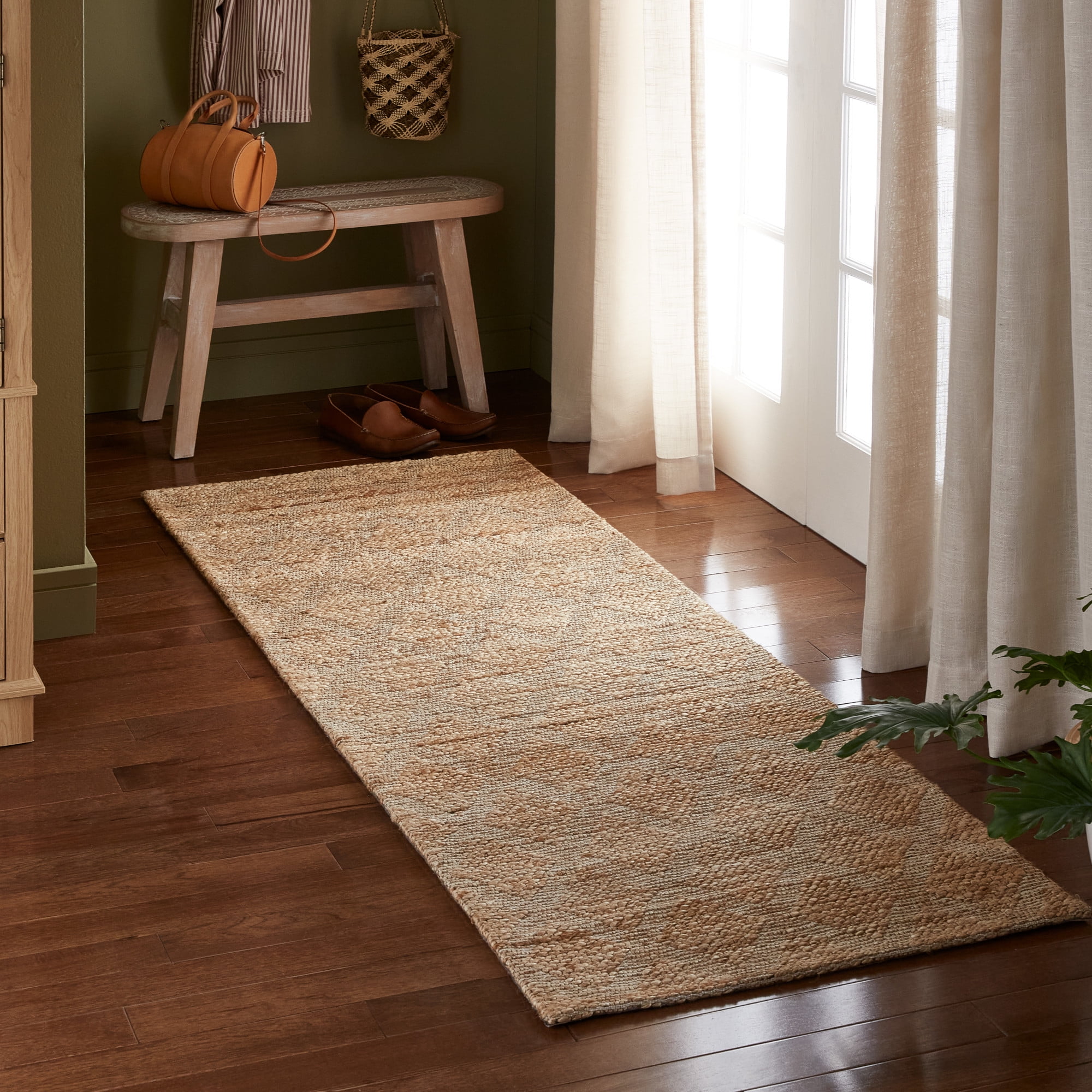 TOWN & COUNTRY TERRA Sol Interwoven Diamond Hand-Knotted Flatwoven 100% Natural Jute Runner Area Rug, Natural/Black, 2'5"x7"