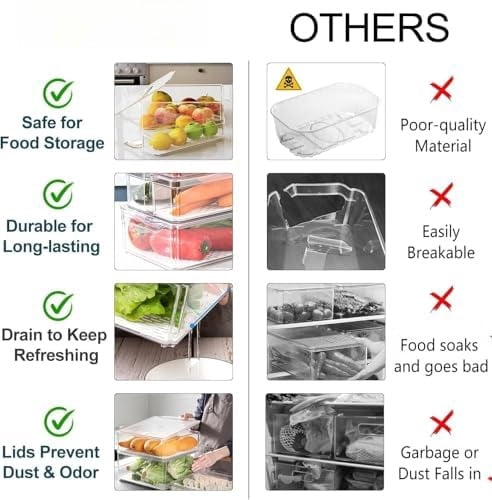 10-Pack Clear Fridge Organizer Containers with Lids, Stackable BPA-Free Refrigerator & Produce Storage Containers with Drain Tray & Anti-Slip Base for Fruits, Veggies & Drinks