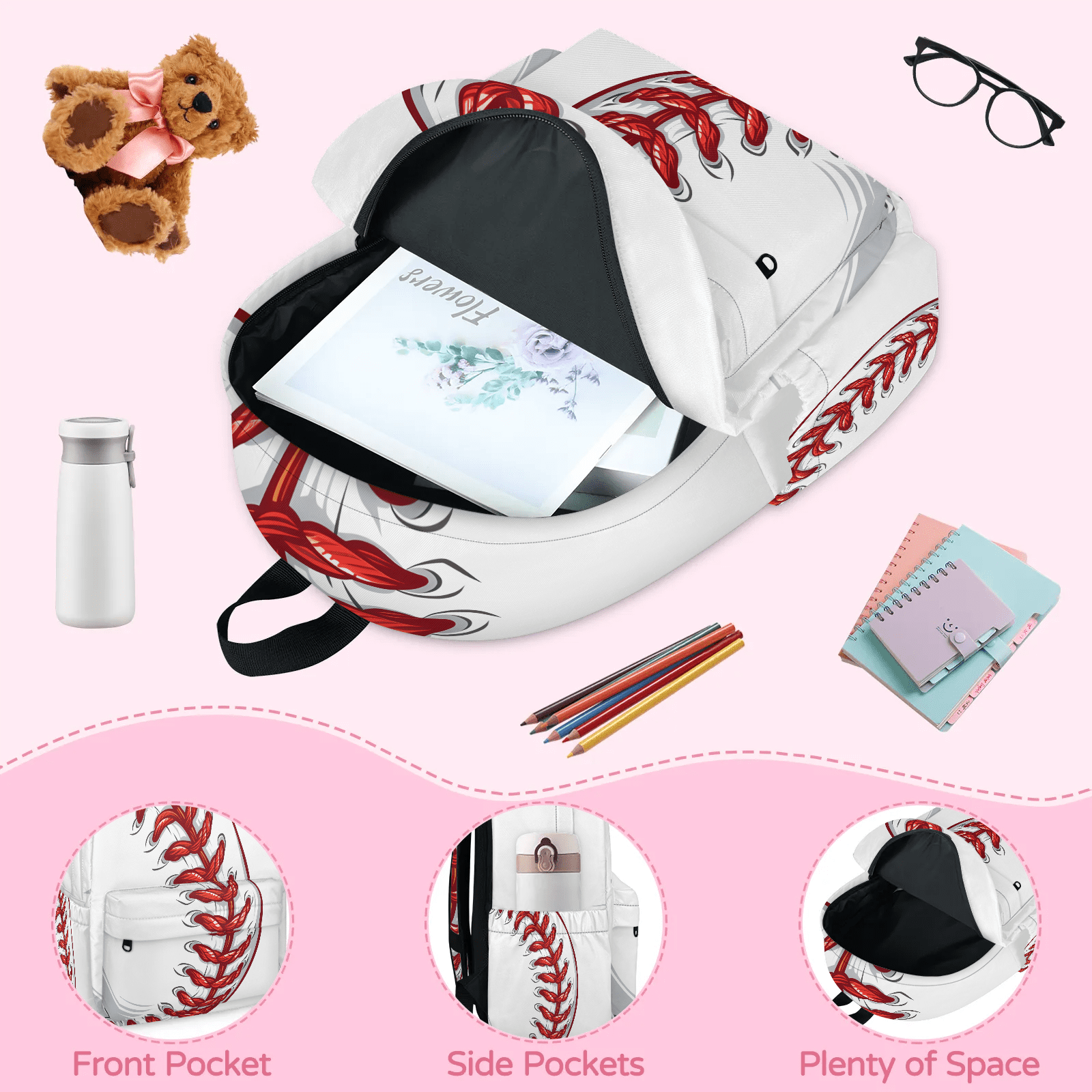 Herdesigns Baseball Backpack for Men Women, Lightweight Laptop Backpack 16.3 Inch Red Ball Sports Casual Daypack for Travel Work Commuter