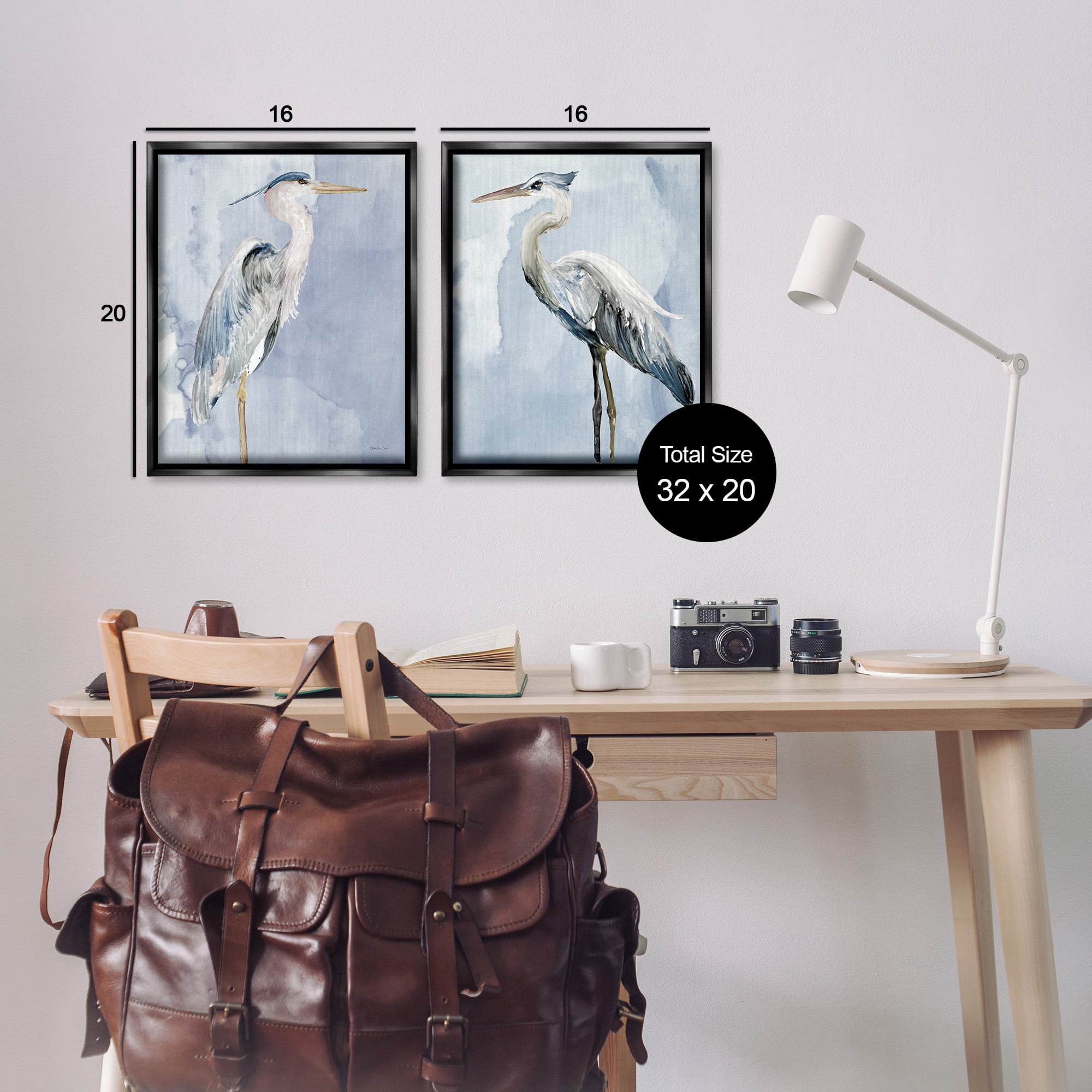 Stupell Industries Heron Birds Standing Blue Sky Animals & Insects Painting Black Floater Framed Canvas Art Print Wall Art, 17 x 21, Set of 2