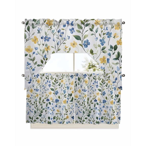 Blue Yellow Floral Spring Kitchen Curtain and Valance Set 3 Pieces,Rod Pocket Short Tier Curtains 24 Inch Length,Summer Pastoral Botanical Green Swag Topper Small Window Treatment for Cafe Bathroom