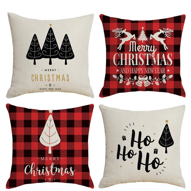 Funda de cojín navideña 45 x 45 cm, juego de 4 fundas de cojín navideñas de lino fino, decoración navideña para salón o dormitorio