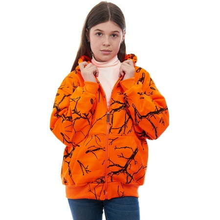 Kids Orange Safety Full Zip High Visibility Thick Fleece Hooded Sweatshirt Hunting Jacket Orange Camo Medium