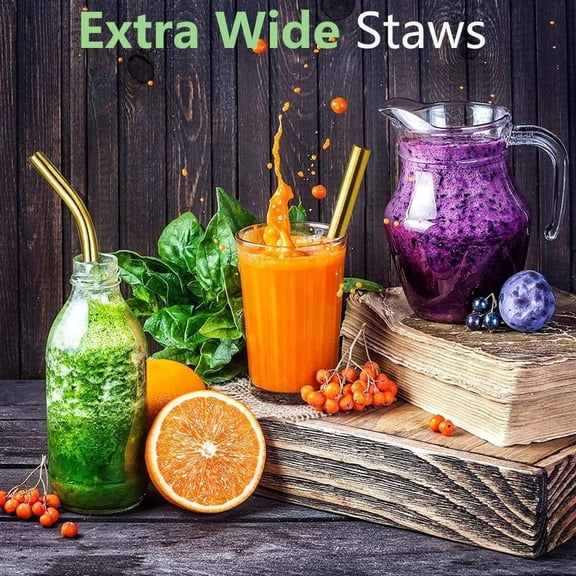 Sinvic Jumbo Smoothie and Milkshake Metal Straws, 10mm Wide for Boba, 8.5 Inch Long for 30oz Tumbler, Stainless Steel, Gold, 2 Straight and 2 Bent with 1 Cleaning Brush
