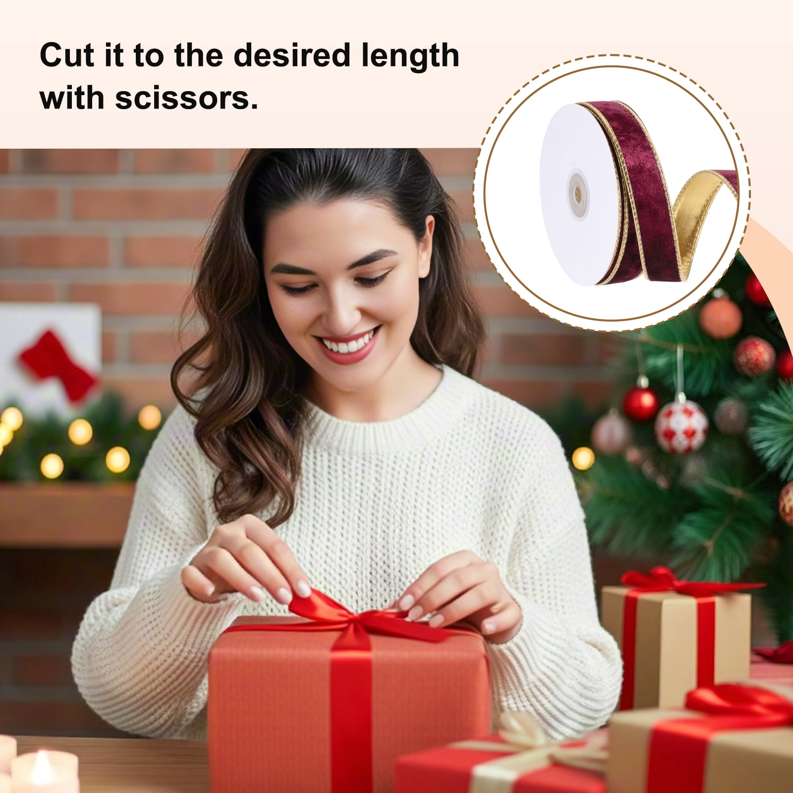 Uxcell Velvet Wired Ribbon, (1 Inch x 10 Yards, 2 Pcs)(Dark Red) Velvety Gold Crushed Ribbons Gift Wrapping Binding, Suit For- Crafts/Bow/Wreaths/Christmas Tree Decoration