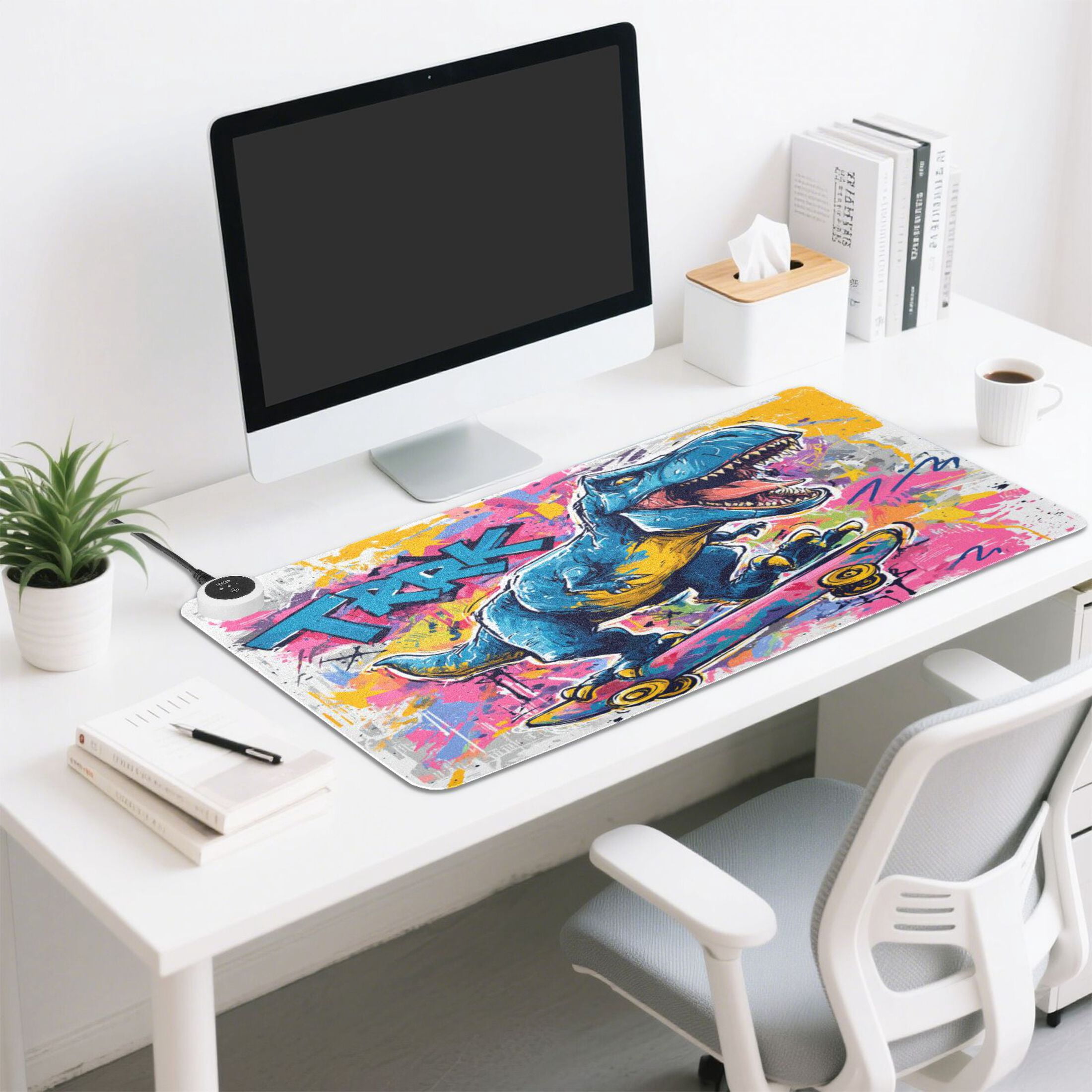 Large Heated Desk Mat Mouse Pad 31.5"x13"PU Leather Graphene Heating Desk Warmer with 3 Temperature Settings 110V US Plug Non-Slip Warm Pad for Home, Office, and Gaming Street Art Dinosaur Design