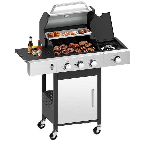 CIG GARDEN 3-Burner Propane Gas Grill with Side Burner,41,500 BTU Output Double-Layer Stainless Steel BBQ Lid with Cast Iron Grates