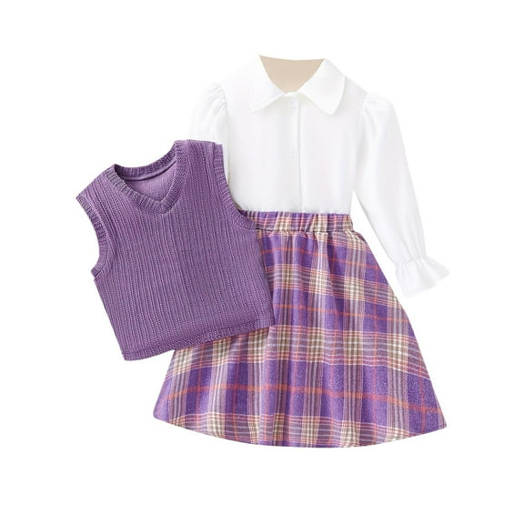 Odeerbi 3-10 Years Kids Girls Outfits Cotton Long Sleeve Shirt Plaid Skirt Sweater Vest Three-piece Set Cute Lattice Print Knit Waistcoat Skirt Set Kids Girls Clothes