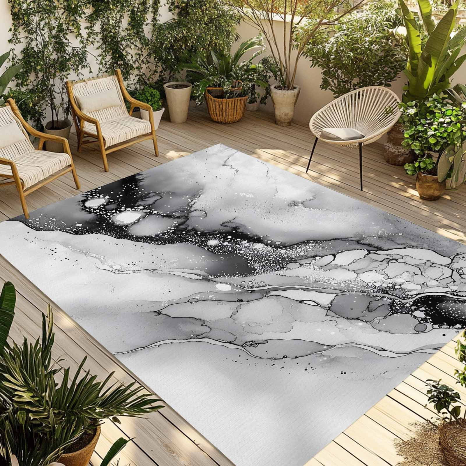 Outdoor Rug 5x8ft Ombre Gray Marble Texture Large Area Rug Abstract Style Indoor Outdoor Carpet Outdoor Rugs Mats for Patio Camping,RV,Front Door, Outside Decor