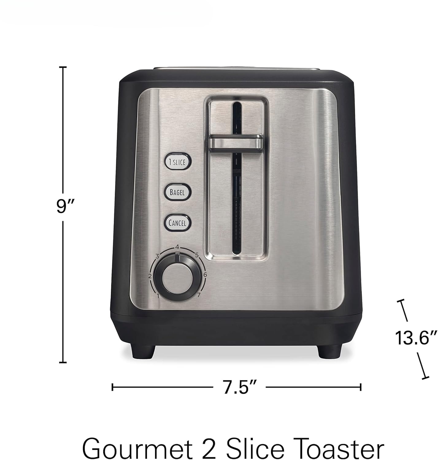 Gourmet 2 Slice Slot Toaster with Extra Long & Wide Slots, Sure-Toast Technology, Shade Selector, Bagel Setting, Matte Black and Stainless Steel (22996)