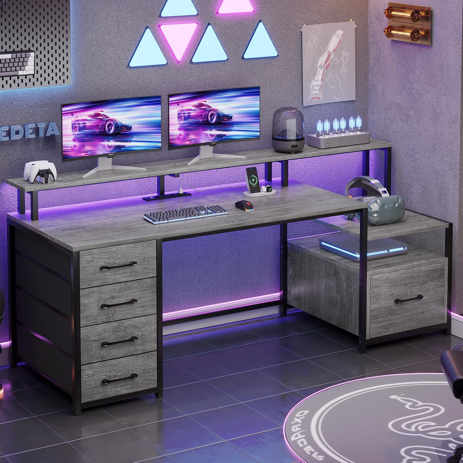 SEDETA Home Office Desk with LED Lights & Power Outlet, 66" Computer Desk with 5 Drawer and Storage Shelves, Gaming Desk with Printer Cabinet and Monitor Stand, Grey