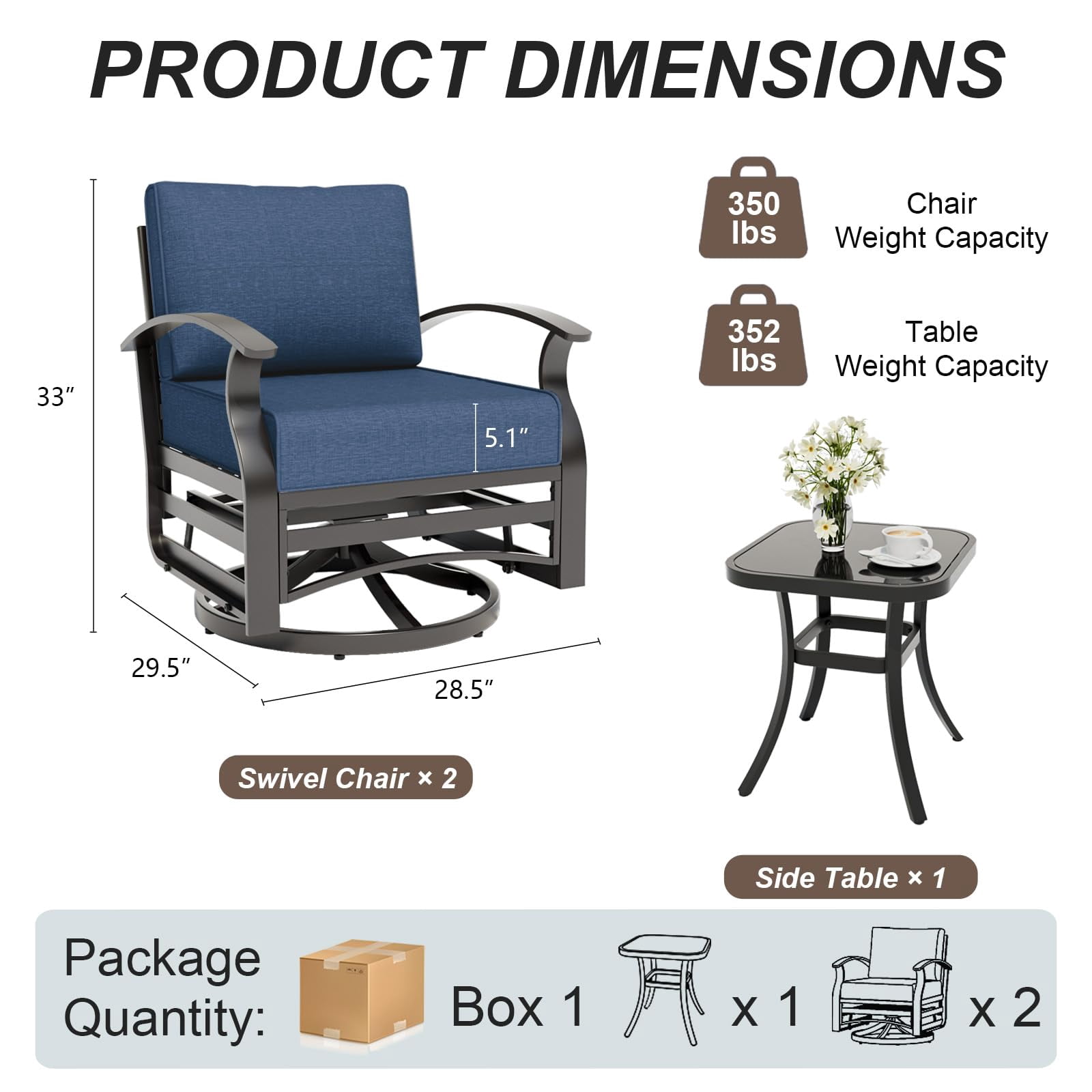 Gotland 3PCS Outdoor Aluminum Swivel Rocking Chairs, 2-Person Patio Furniture Conversation Set with Coffee Table and Cushions, Navy Blue