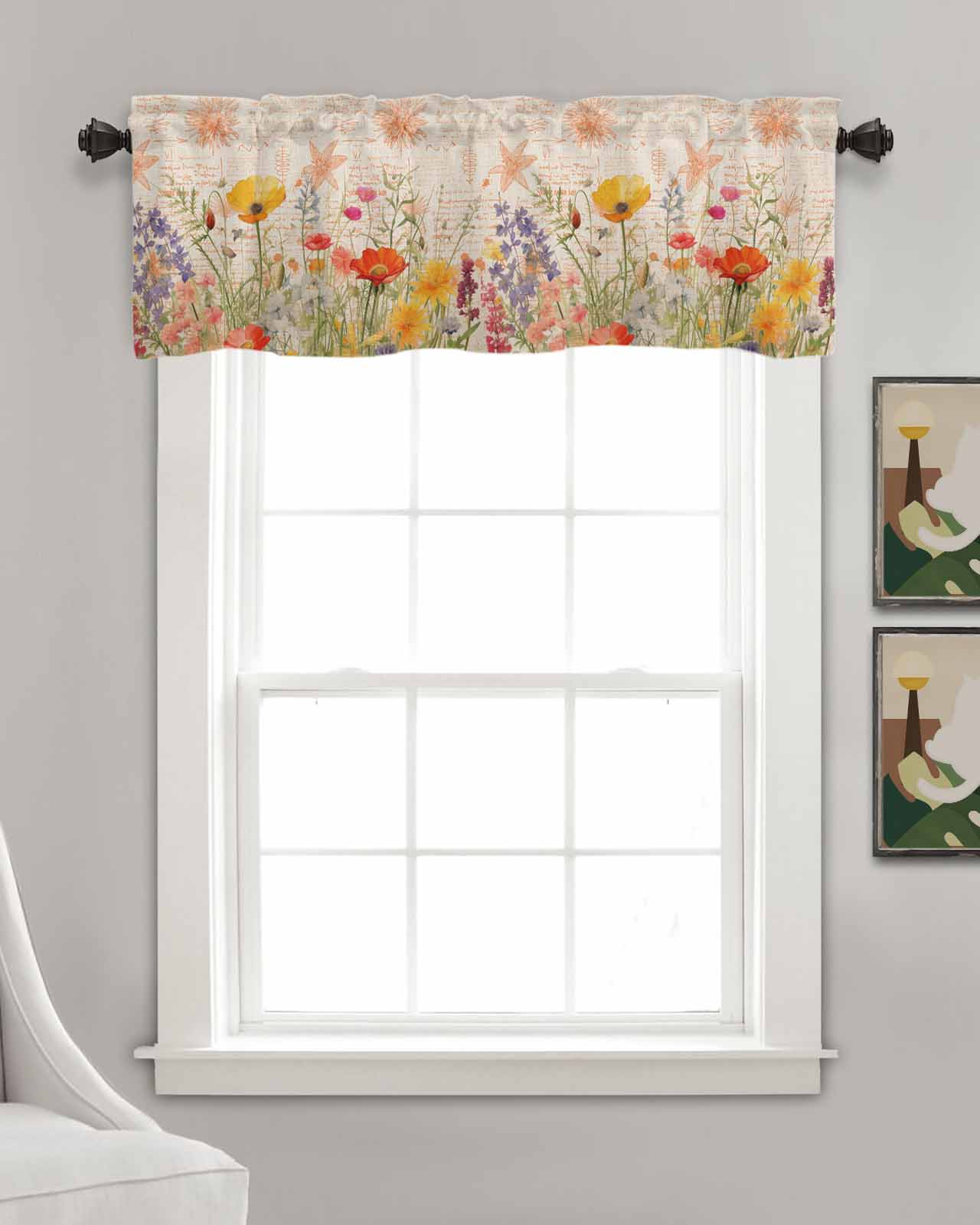 Orange Floral Linen Curtain Valance for Bedroom/Bathroom/Kitchen/Office/Living/Dining Room Windows,Vintage Botanical Flower Plant Herbs Rod Pocket Topper Drapes Decorative Cafe Drapery Panel 42x18