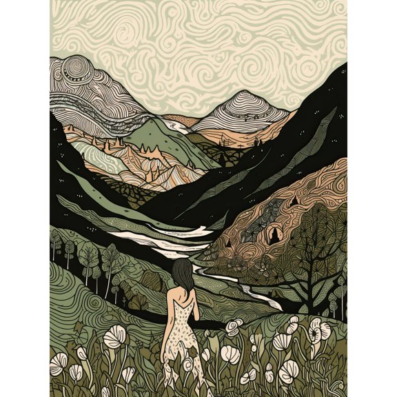 Woman in Flower Field in Scottish Hill Landscape Large Wall Art Poster Print Thick Paper 18X24 Inch