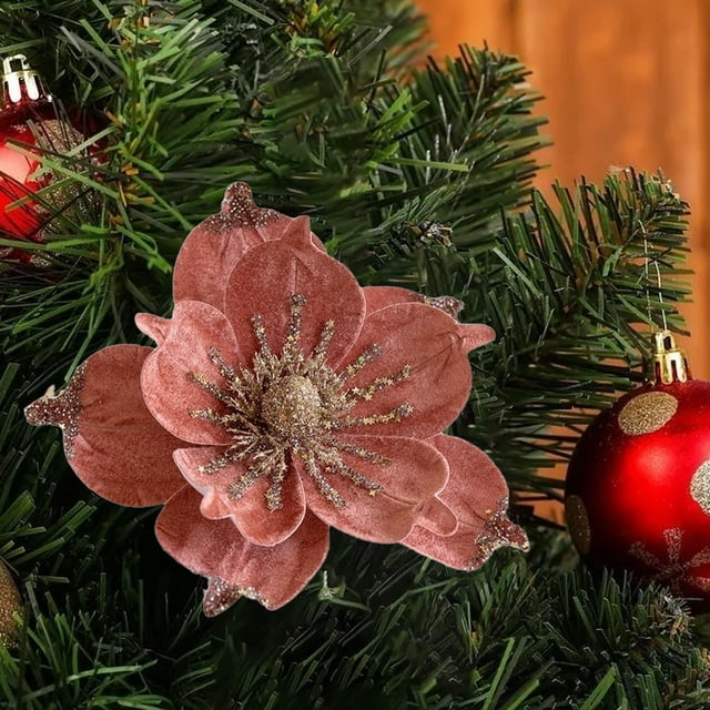 Fiudx Flor de Magnolia Navideña, Decoración con Purpurina P-Ink, Tela Realista, Fácil de Insertar, Decoración Navideña Multiescena, Árbol de Navidad, Diseño para Fiesta, Tamaño 24 X 24 Cm