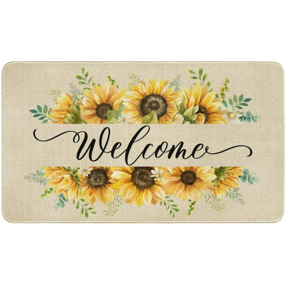 Sunflower Floral Decor Welcome Entrance Door Mat, Spring Summer Flower Home Decoration Non-Slip Indoor Outdoor Front Doormats Rug 17x30 Inch