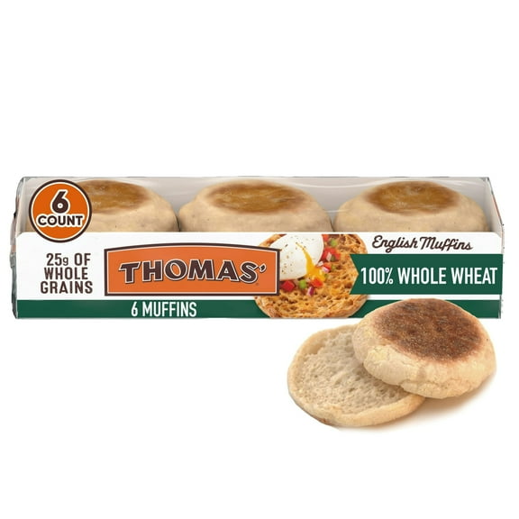 Thomas' Whole Wheat English Muffins, 6 count, Soft English Muffins, 12 oz Tray (Pack of 2)
