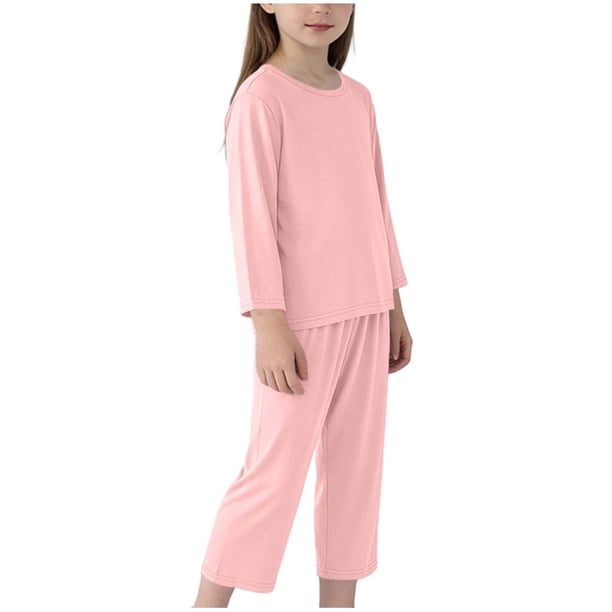 Top de Manga Larga Y Pantalones de Cintura Elásticos para Niños Color Sólido Cuello Redondo Home Wear, Mezcla de Algodón Suave Casual