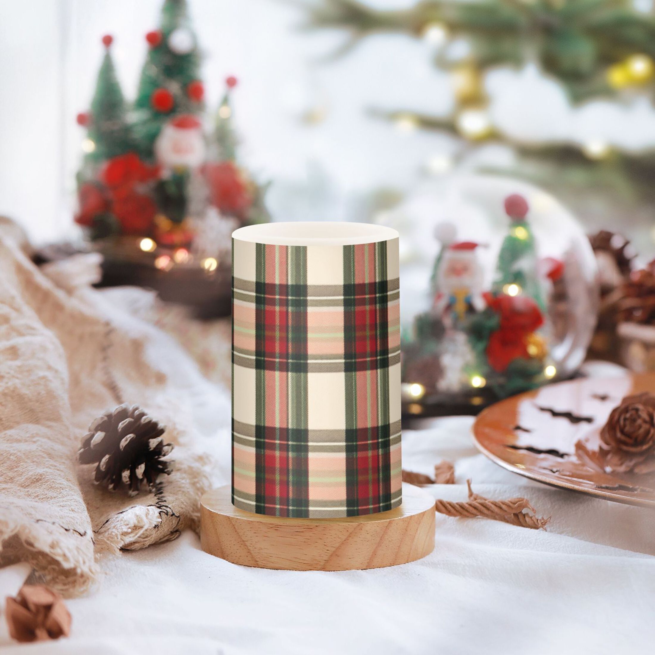 Plaid Pattern with Mixture Colors Flickering Flameless Candles LED Tealight Battery Operated with Remote Set of 2 Holiday Decor Ornaments