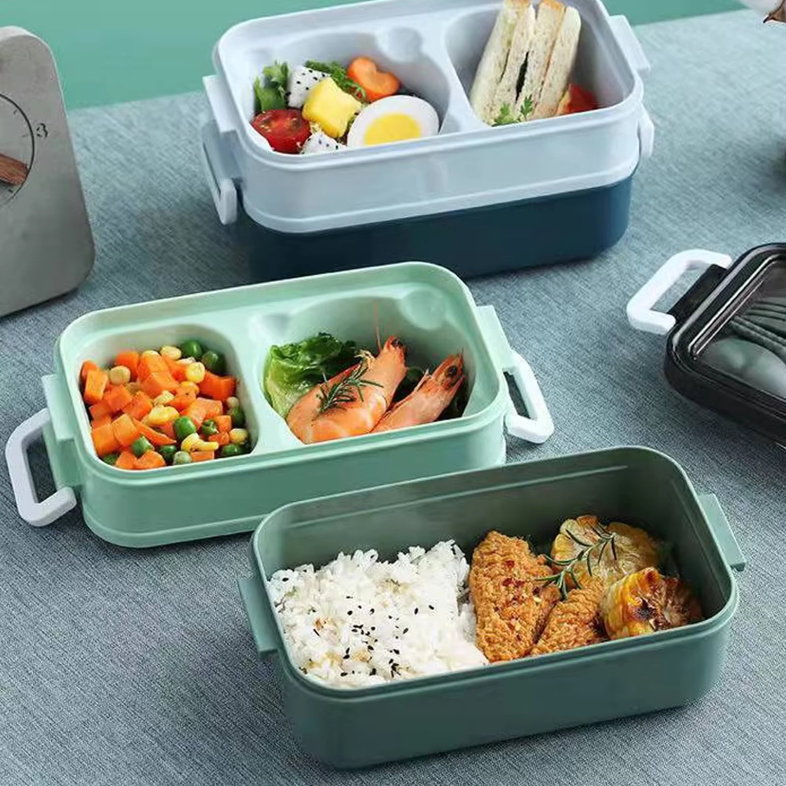 Food Grade Bento Box with Utensils - Double Layer Plastic Lunch Container Microwave Safe, Portable for Office Car Travel - Green
