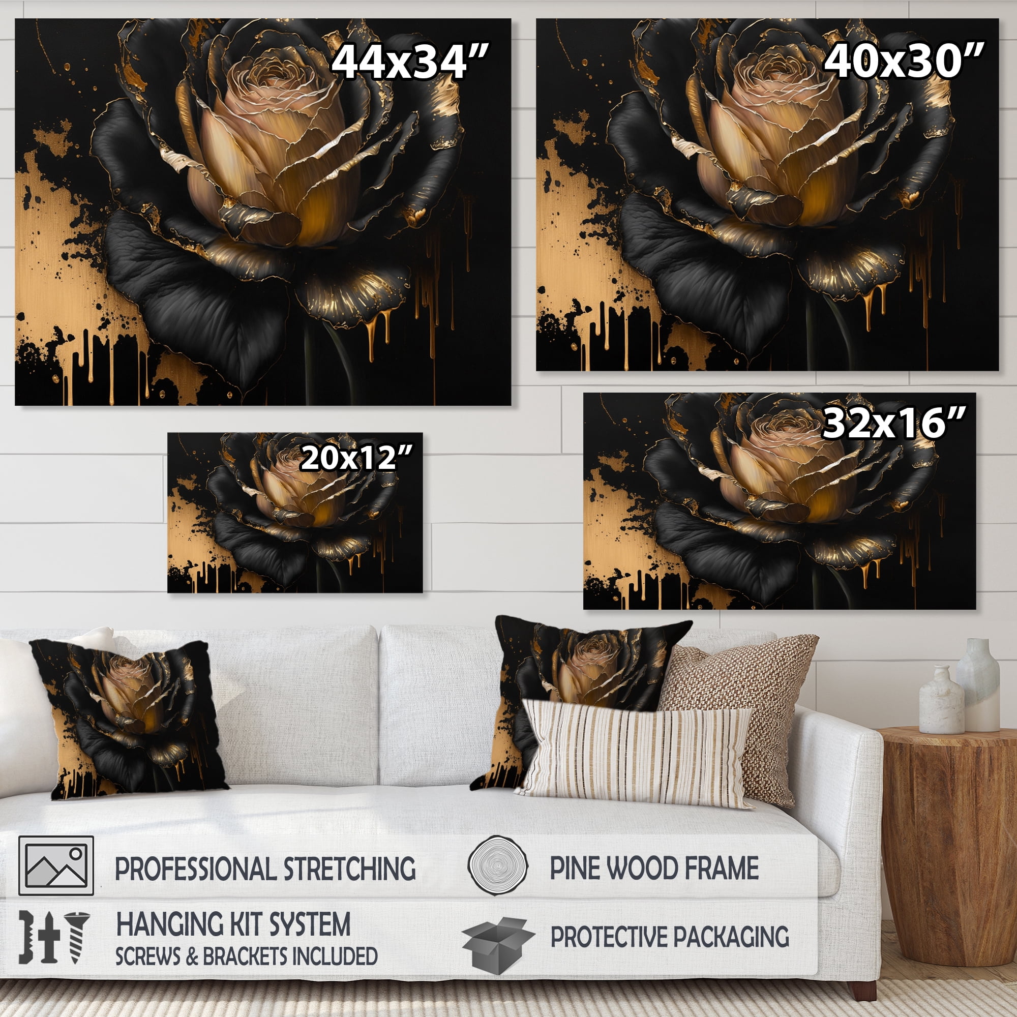 Designart Black And Gold Rose II Canvas Wall Art