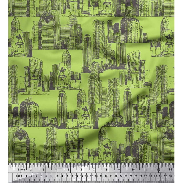 Soimoi Green Heavy Canvas Fabric Buildings Architectural Print Fabric by the Yard 58 Inch Wide
