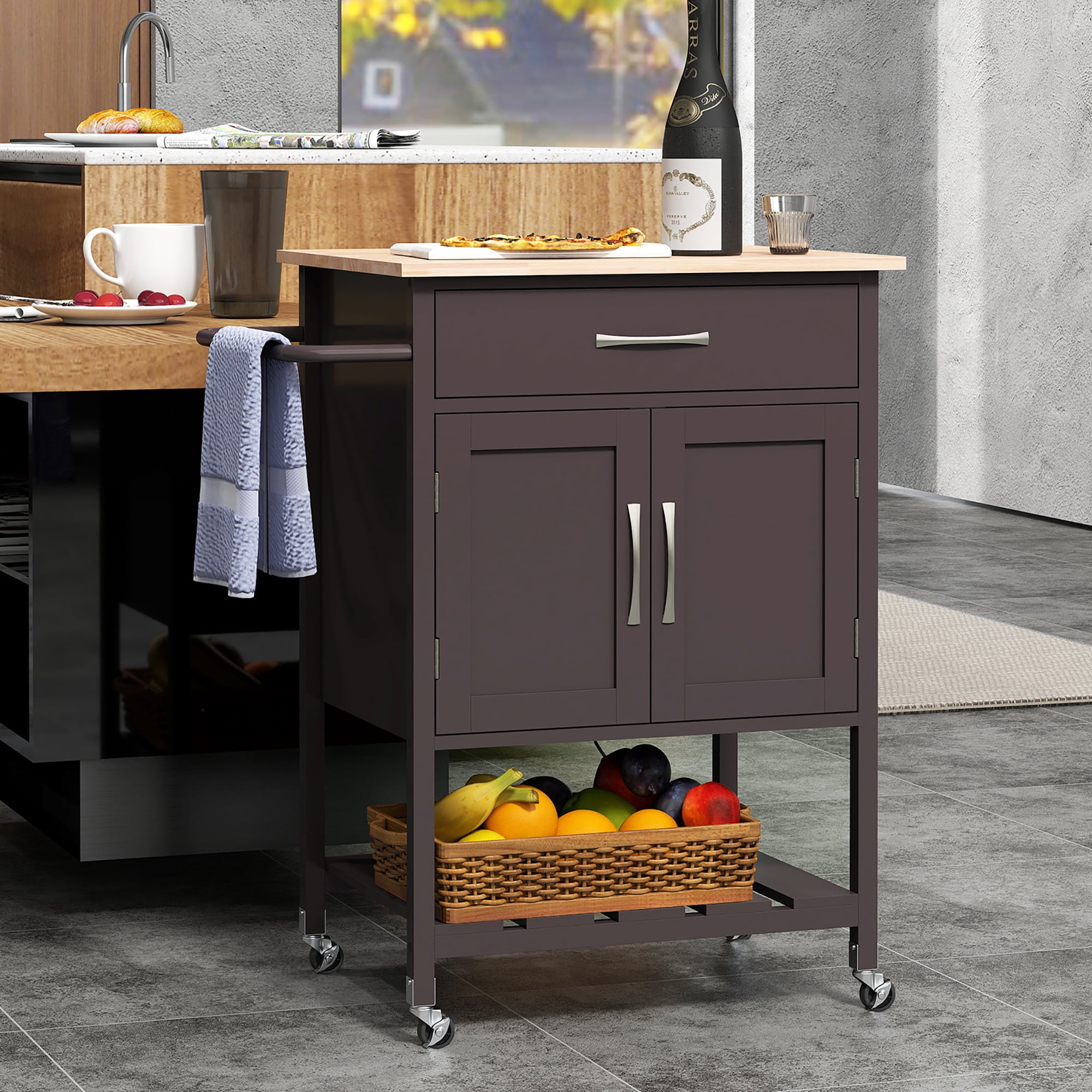 Gymax Rolling Kitchen Island Cart w/ Drawer 2-Door Storage Cabinet Bottom Tray Brown
