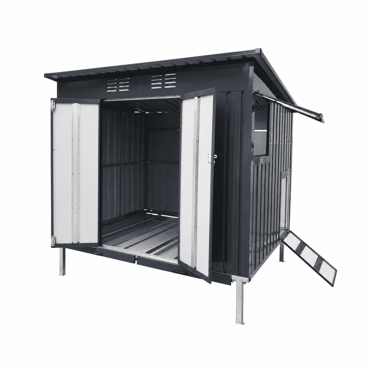 Outdoor Galvanized Metal Chicken Coop with Pull-Out Waste Trays and Adjustable Vent Window, Weatherproof Poultry Cage for Backyard, Charcoal Grey