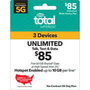 Total Wireless $85 Unlimited Family 30-Day 3 Lines Prepaid Plan (First 60GB Shared Data at High Speeds, then 2G) + 10GB of Mobile Hotspot per line Direct Top Up