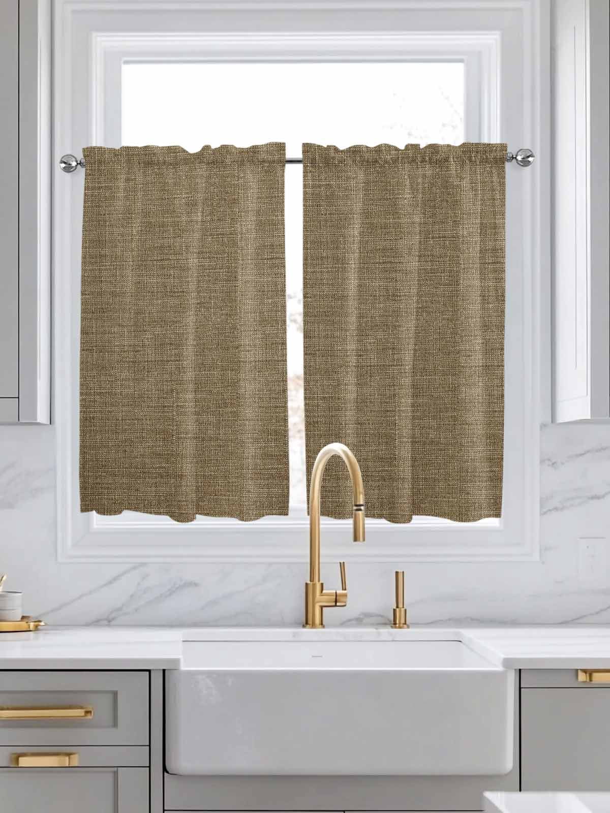 Brown Kitchen Curtains 54 Inches length, Farmhouse Burlap Solid Beige Color Modern Linen Texture Window Treatment Curtain Drapes, Decorative Window Curtains for Bedroom Cafe, 52"x54", 2 Panels