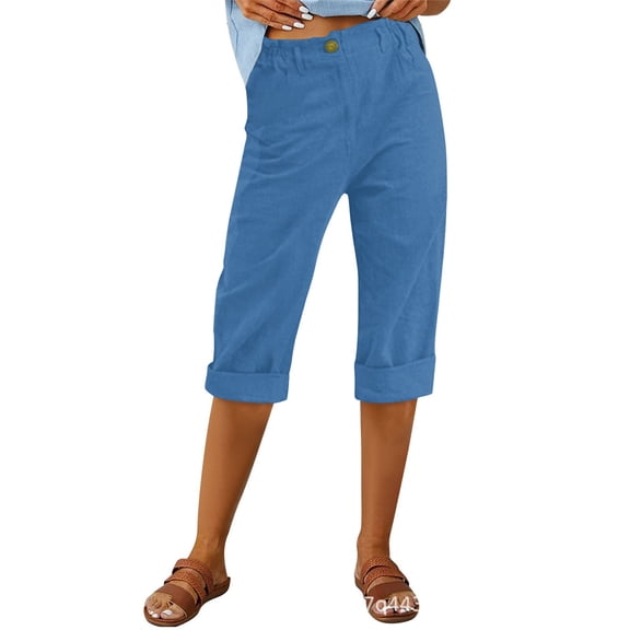 Conairie Linen Pants For Women Solid Straight Leg Elastic Waisted Casual Palazzo Capri Pants With Button Summer Beach Trousers With Pockets BU2 L