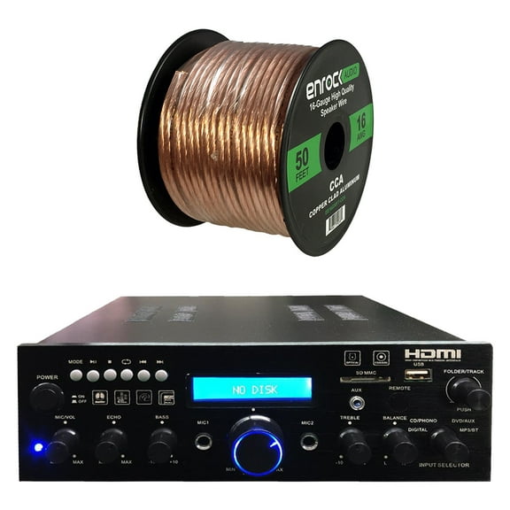 Pyle 200 Watt Peak Power Compact Wireless Bluetooth USB FM Radio Home Theater Stereo Amplifier Receiver System Bundle Combo with 16 AWG Gauge 50 Feet Speaker Wire Cable