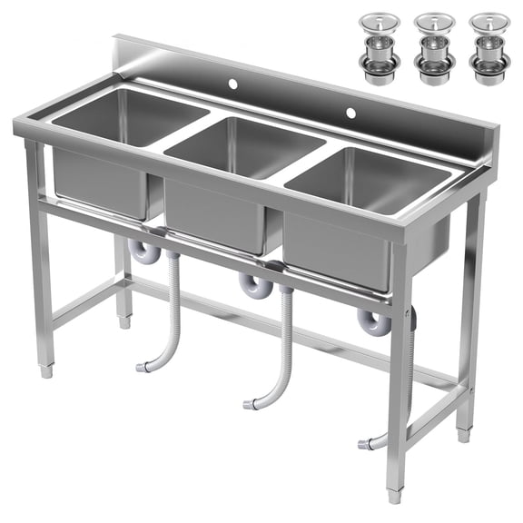 Heavy Duty 3 Bay Stainless Steel Sink, Large Capacity 3 Compartment Work Sink with Adjustable Feet, Anti-Clog Drain Sink for Cafe, Restaurant, Food Service Kitchen, Outdoor Backyard