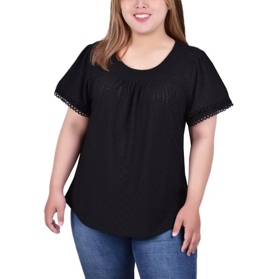 Double Flutter Sleeve Knit Eyelet Top